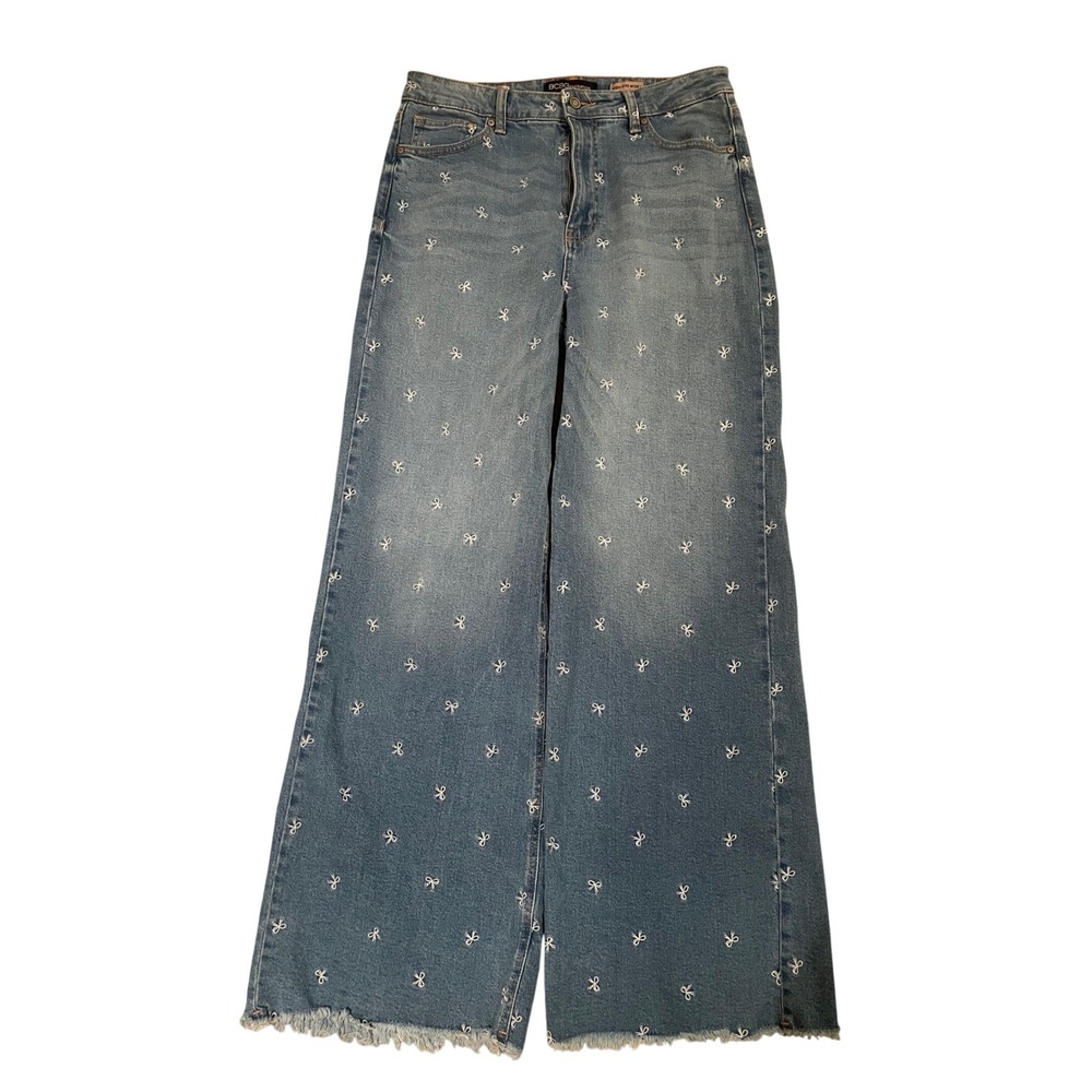 BCBGeneration Womens High Rise Wide Leg Embroidered Bow Jeans Blue Size 13/31